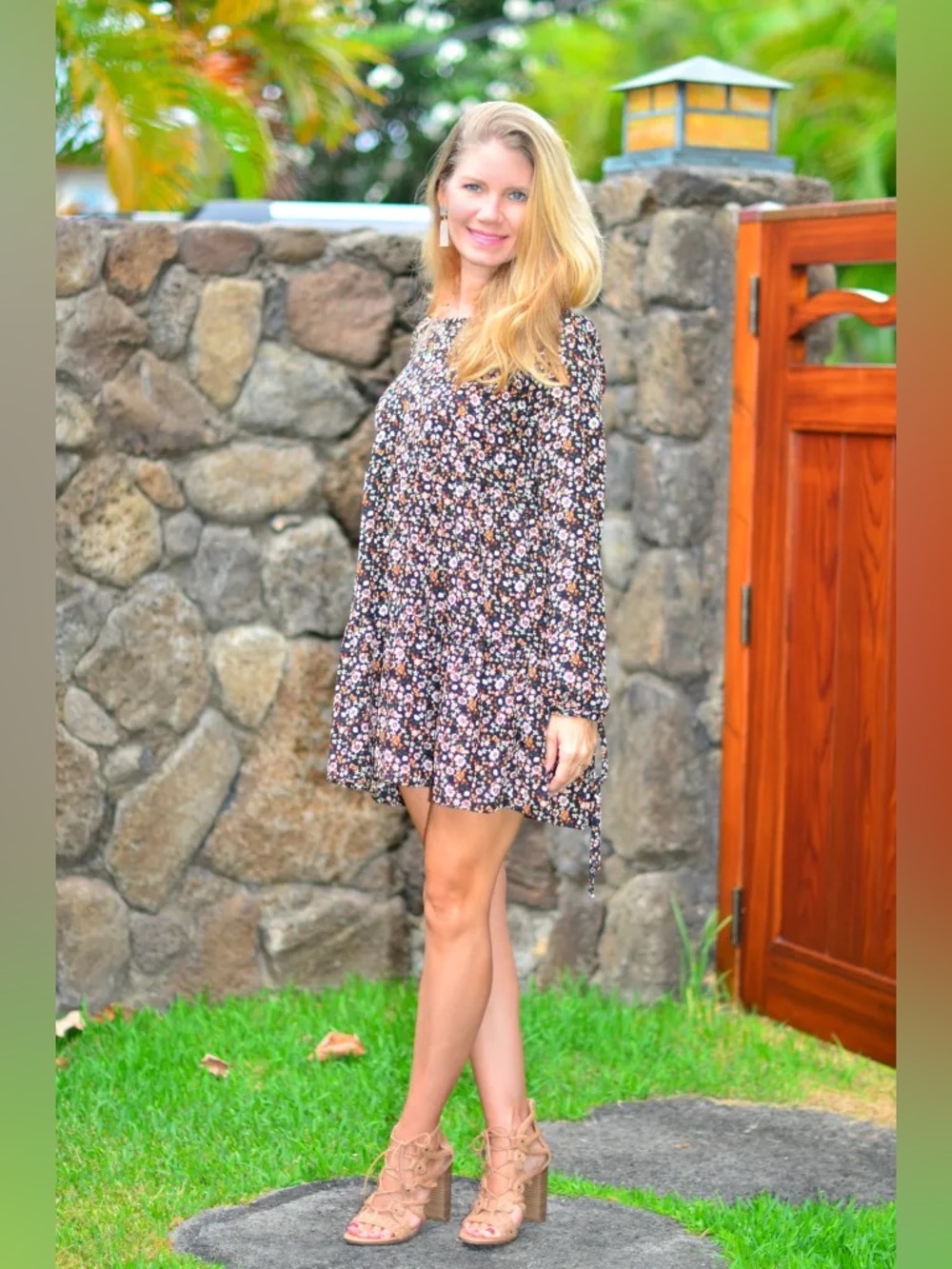 Wild Fable Black Floral Tiered Dress with Pink & Cream Blooms